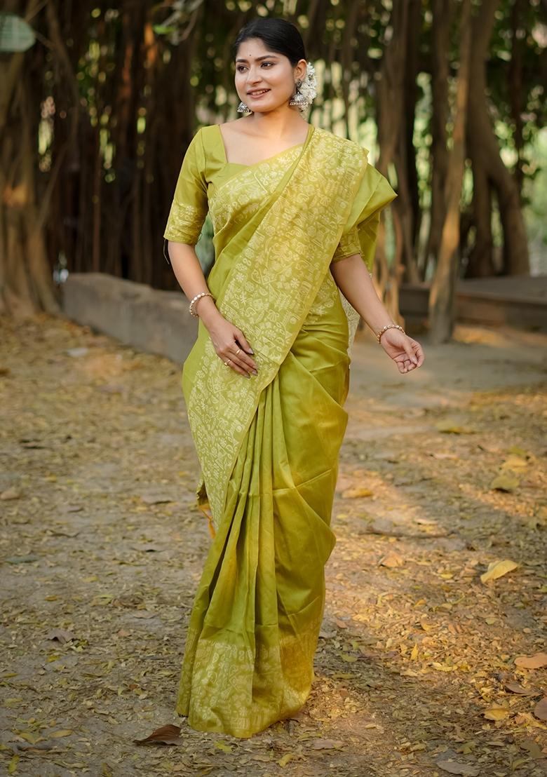 Parrot Green Weaving Work Silk Saree Set - Indya