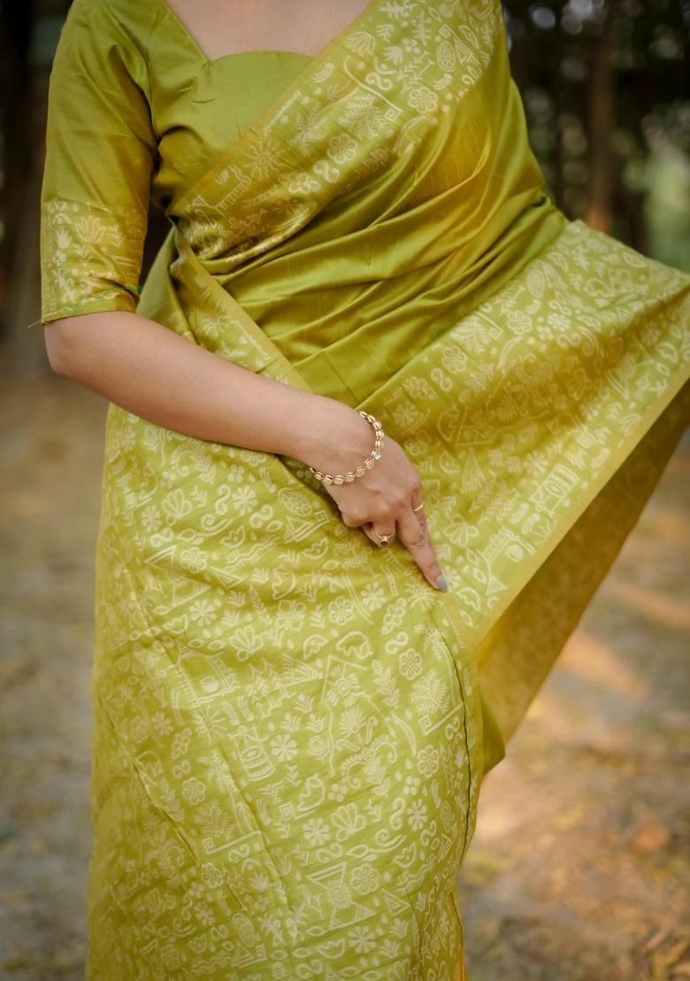 Parrot Green Weaving Work Silk Saree Set - Indya