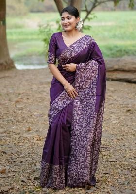 Purple Weaving Work Silk Saree Set
