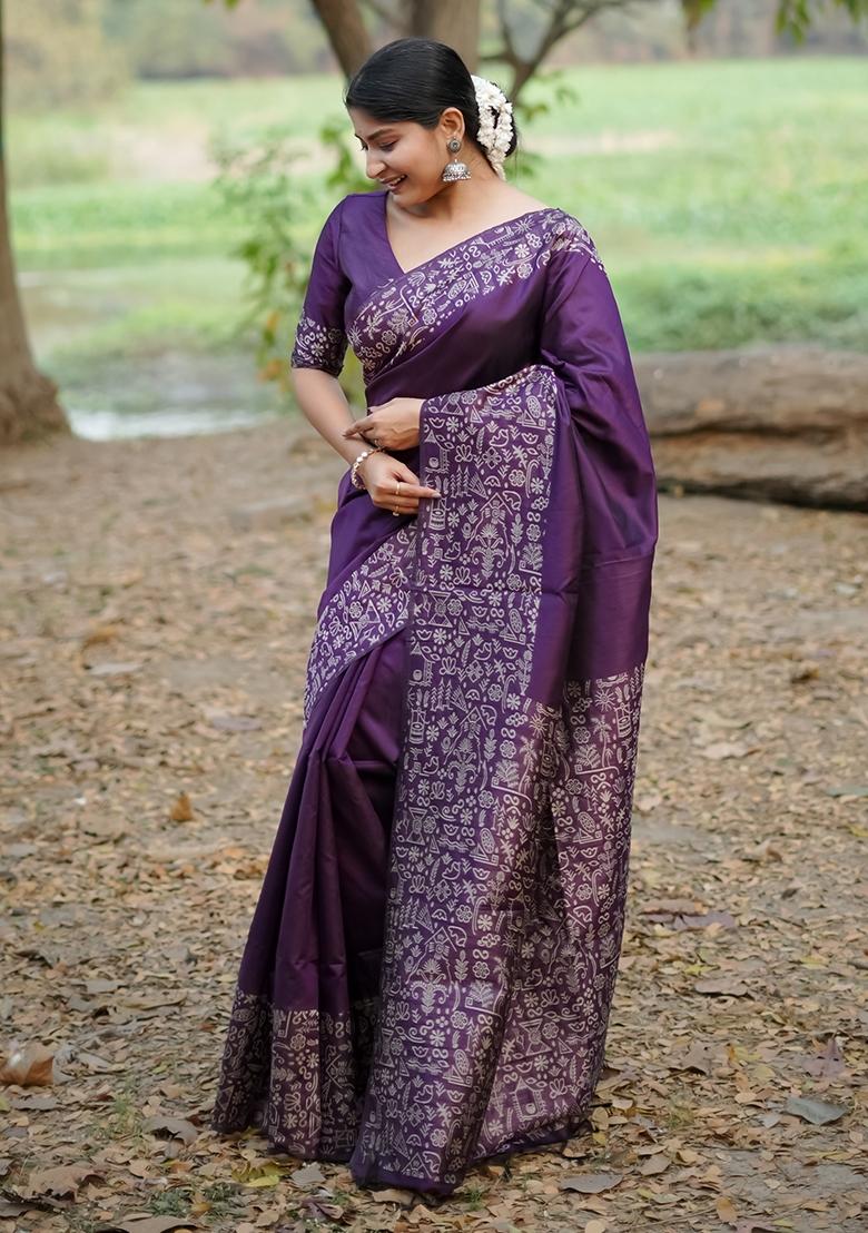 Purple Weaving Work Silk Saree Set - Indya
