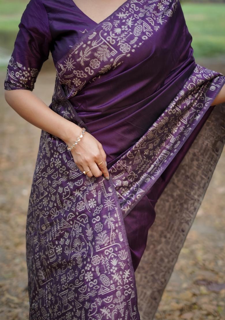 Purple Weaving Work Silk Saree Set - Indya