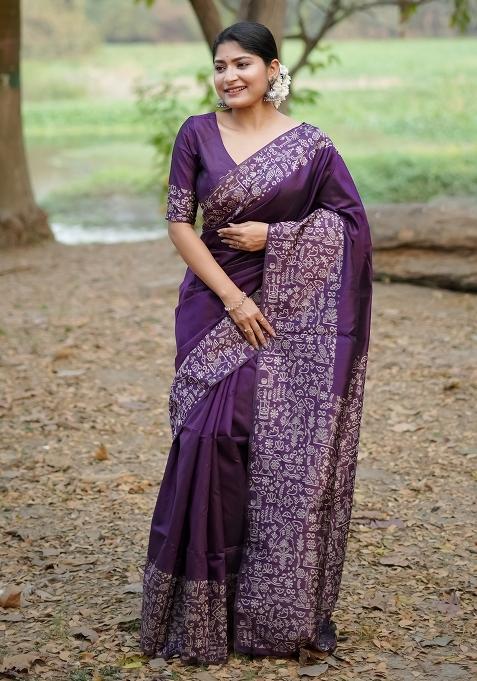 Purple Weaving Work Silk Saree Set