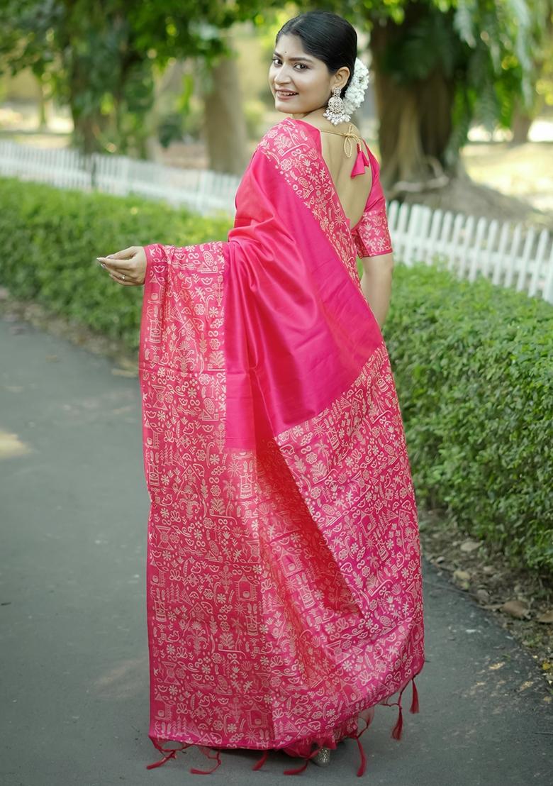 Rani Pink Weaving Work Silk Saree Set - Indya