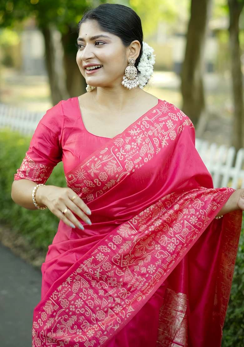 Rani Pink Weaving Work Silk Saree Set - Indya