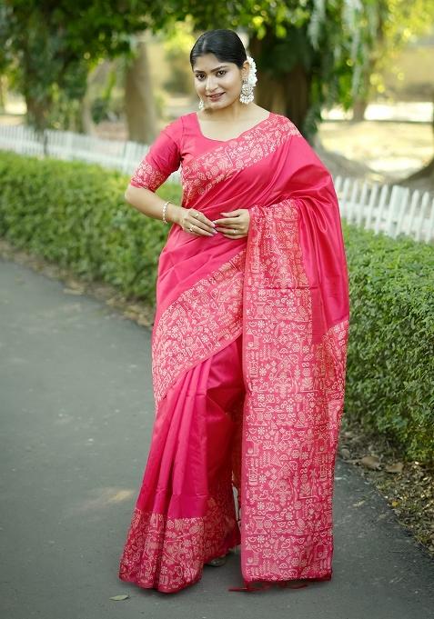 Rani Pink Weaving Work Silk Saree Set