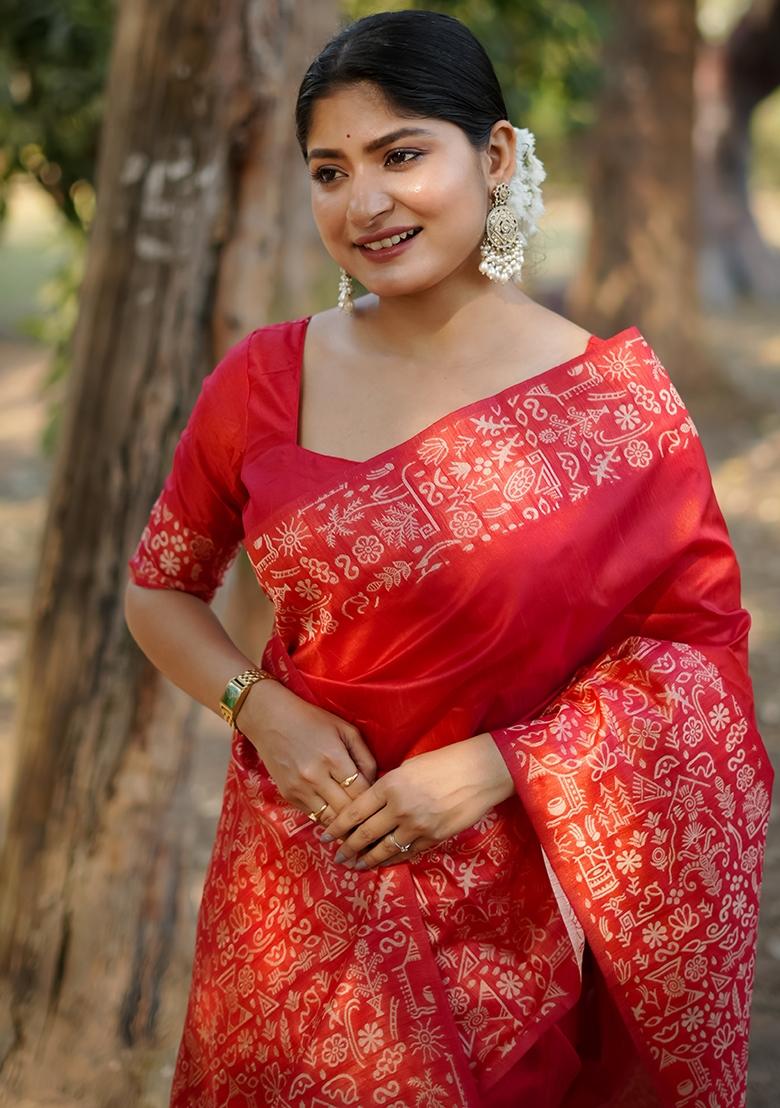 Red Weaving Work Silk Saree Set - Indya