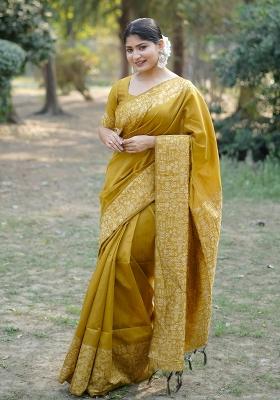 Yellow Weaving Work Silk Saree Set