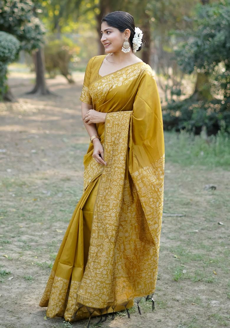 Yellow Weaving Work Silk Saree Set - Indya