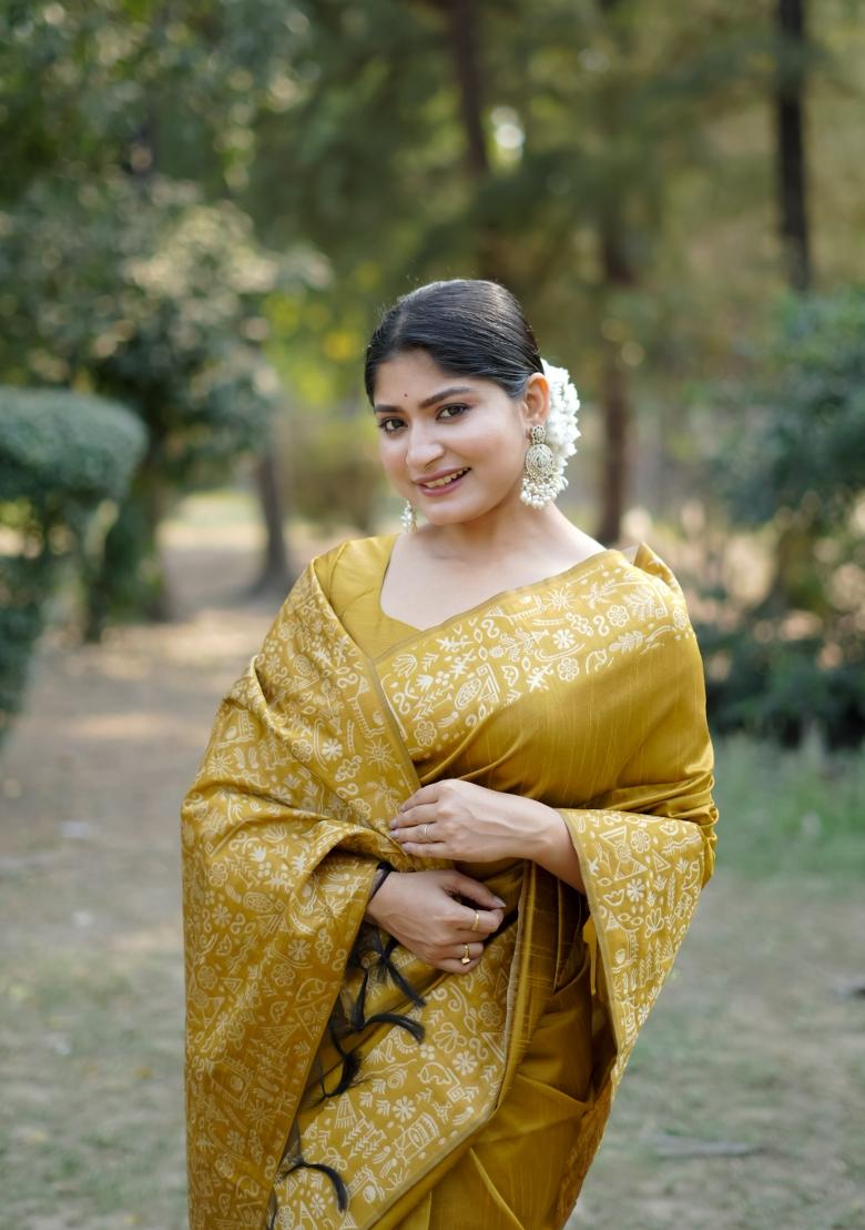 Yellow Weaving Work Silk Saree Set - Indya