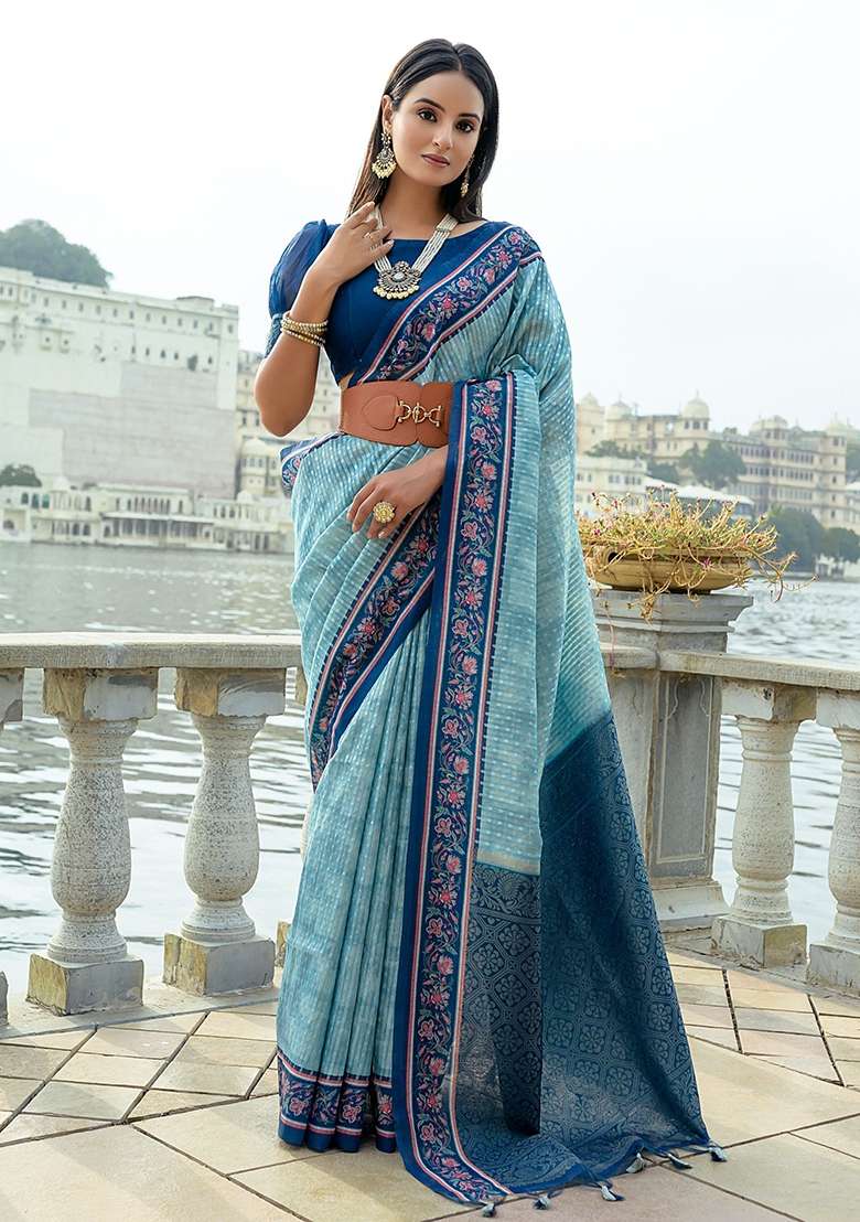 Sky Blue Printed Silk Saree Set - Indya