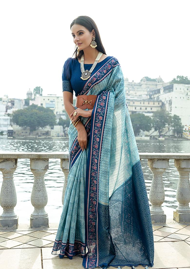 Sky Blue Printed Silk Saree Set - Indya