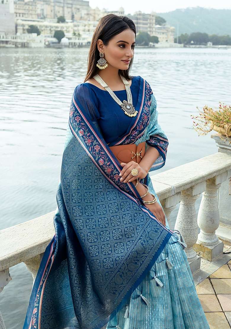 Sky Blue Printed Silk Saree Set - Indya