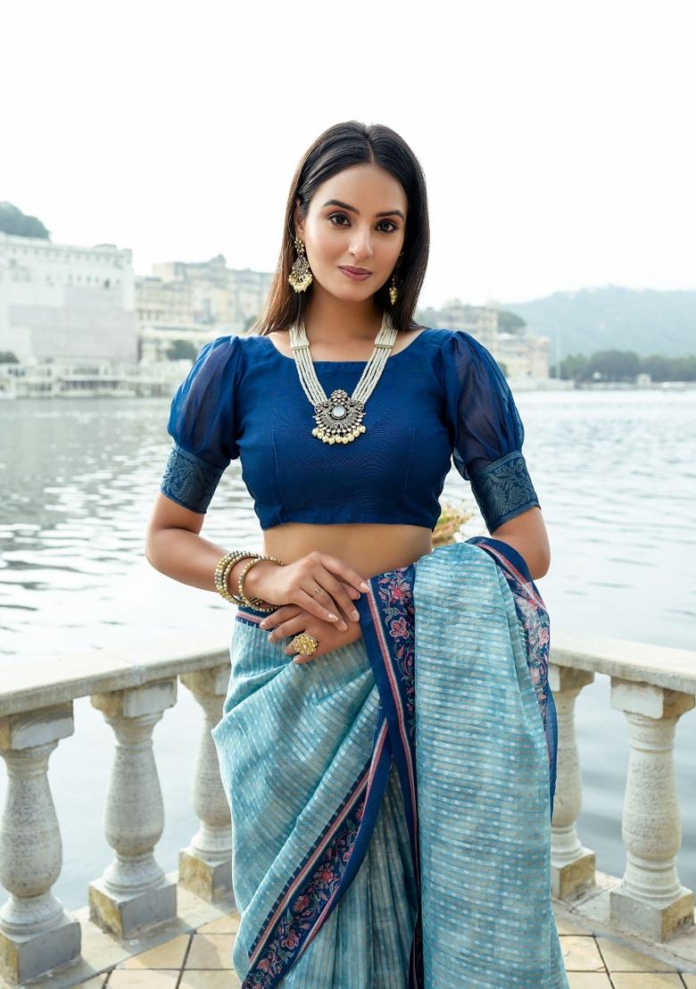 Sky Blue Printed Silk Saree Set - Indya