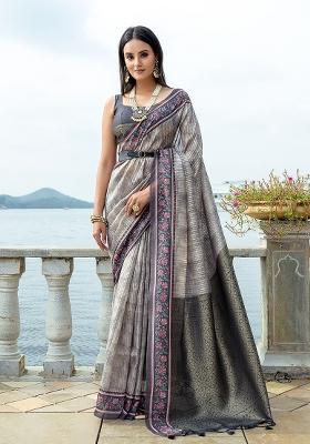 Grey Printed Silk Saree Set
