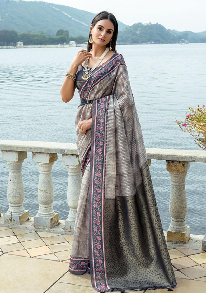 Grey Printed Silk Saree Set - Indya