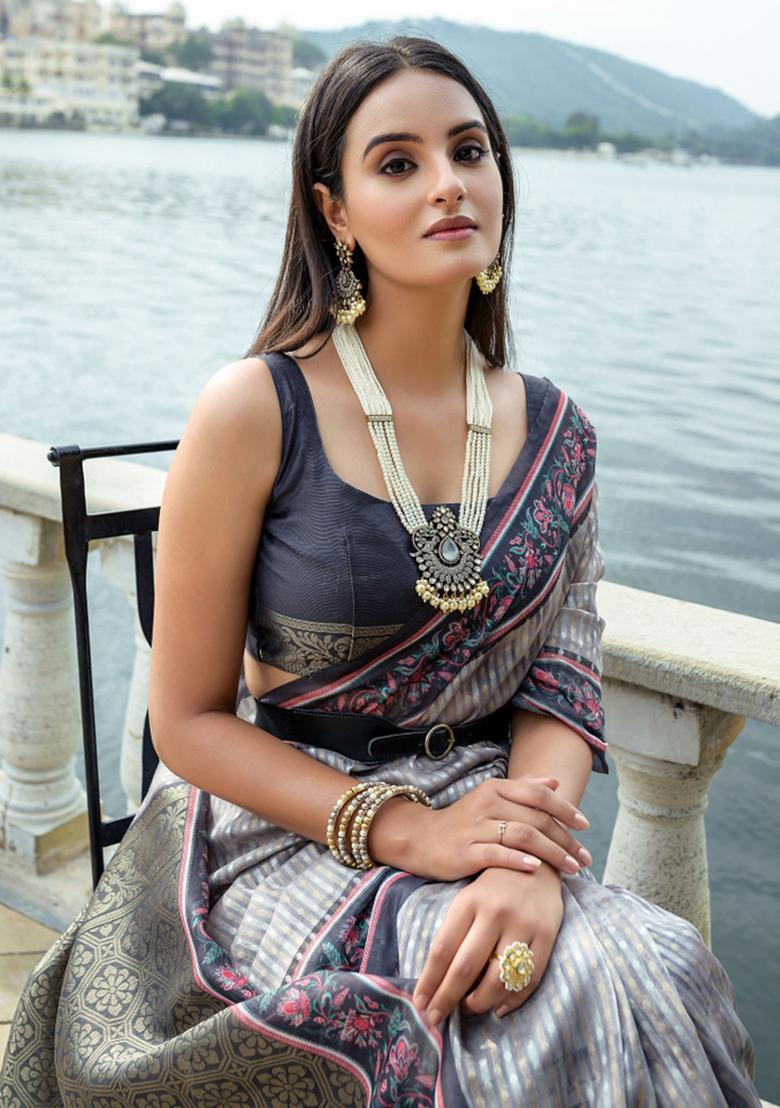 Grey Printed Silk Saree Set - Indya