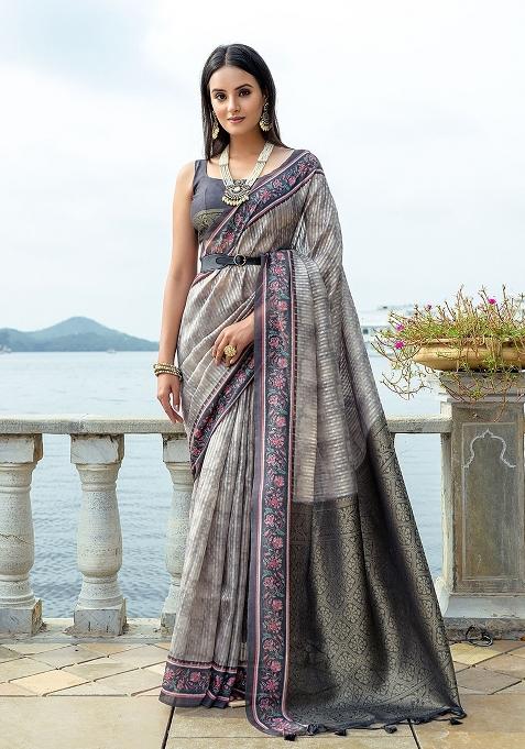 Grey Printed Silk Saree Set
