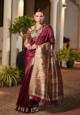 Burgundy Printed Silk Saree Set