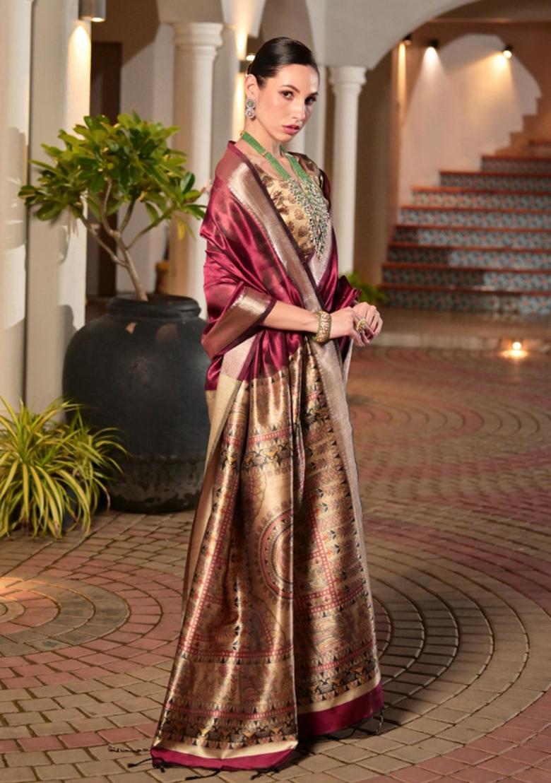 Burgundy Printed Silk Saree Set - Indya