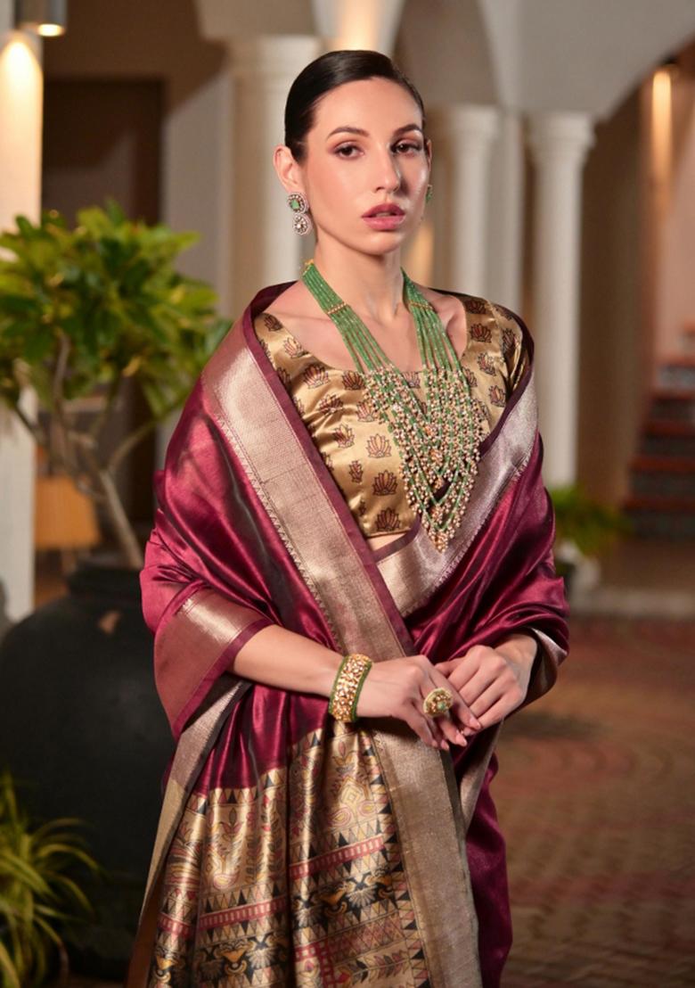 Burgundy Printed Silk Saree Set - Indya