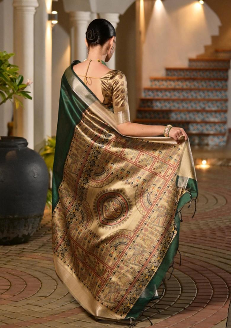 Green Printed Silk Saree Set - Indya