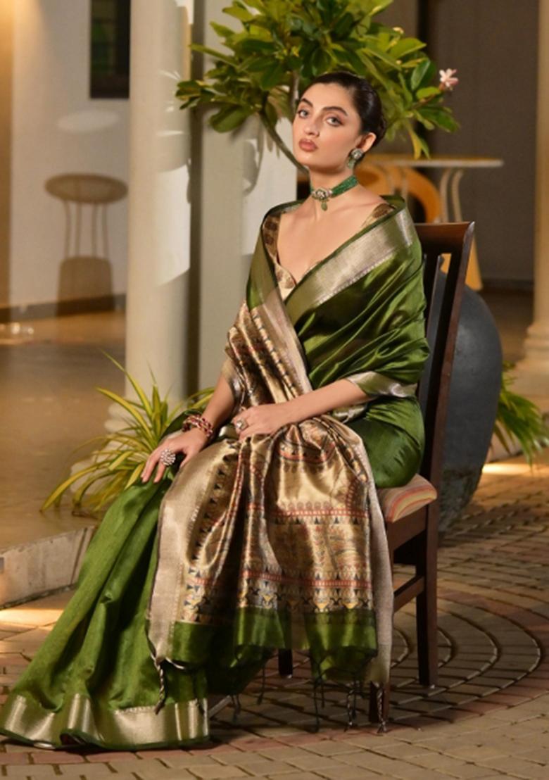 Mehendi Green Printed Silk Saree Set - Indya