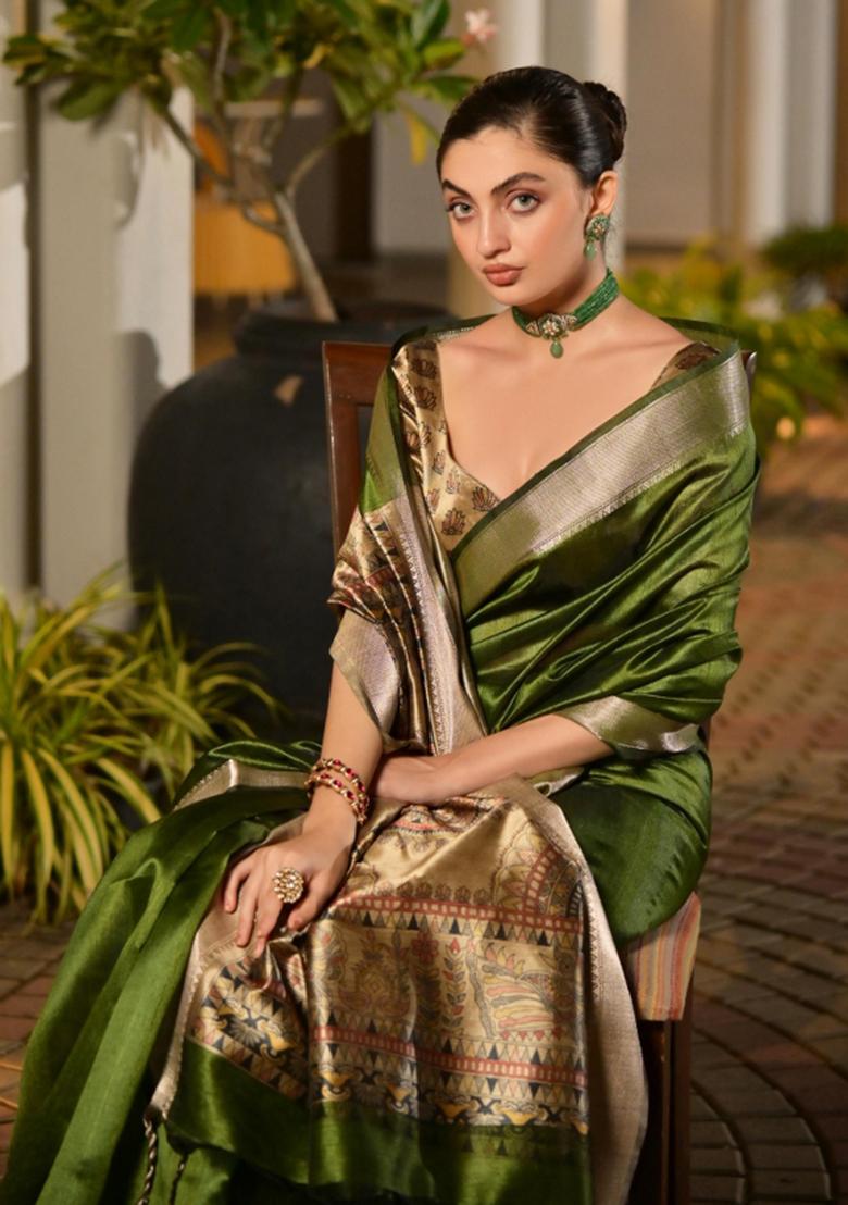 Mehendi Green Printed Silk Saree Set - Indya