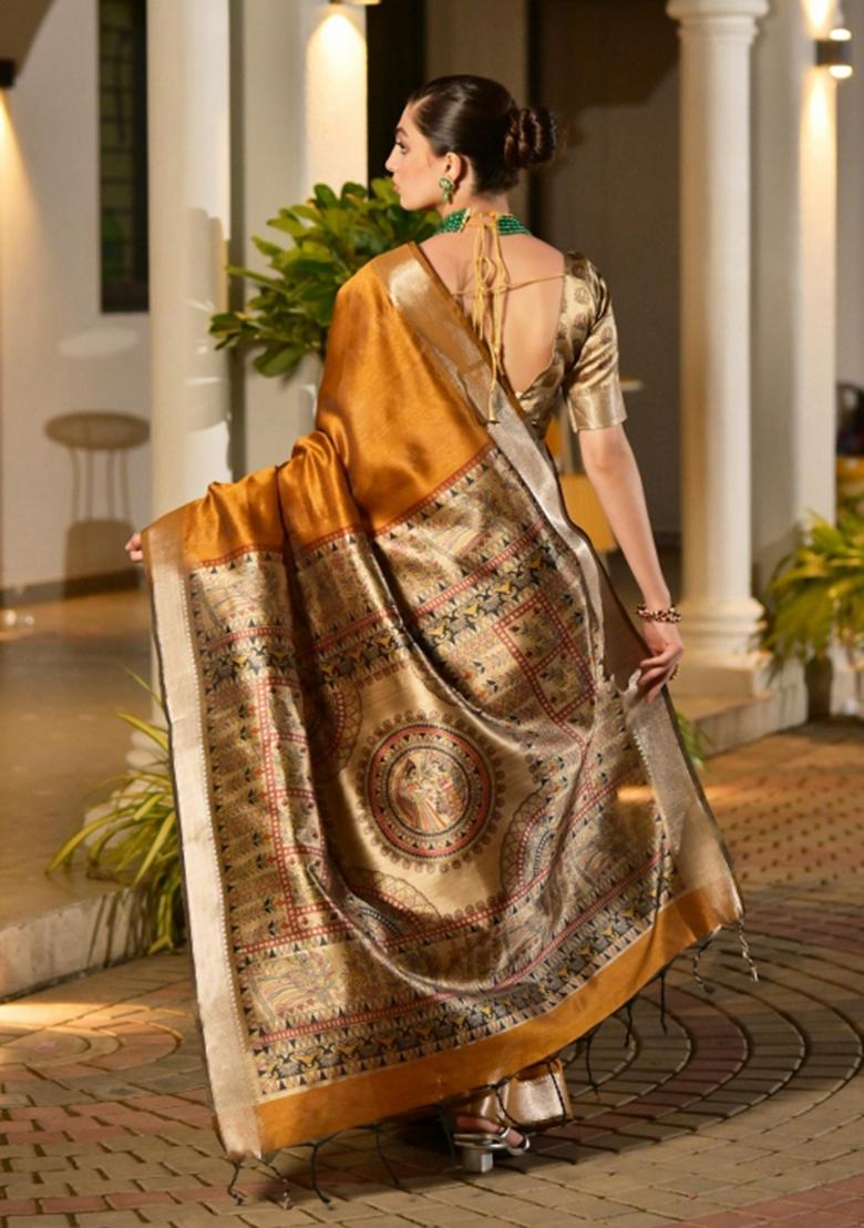 Mustard Printed Silk Saree Set - Indya