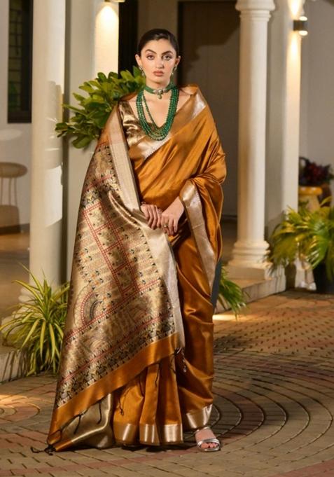 Mustard Printed Silk Saree Set