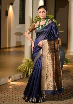 Navy Blue Printed Silk Saree Set