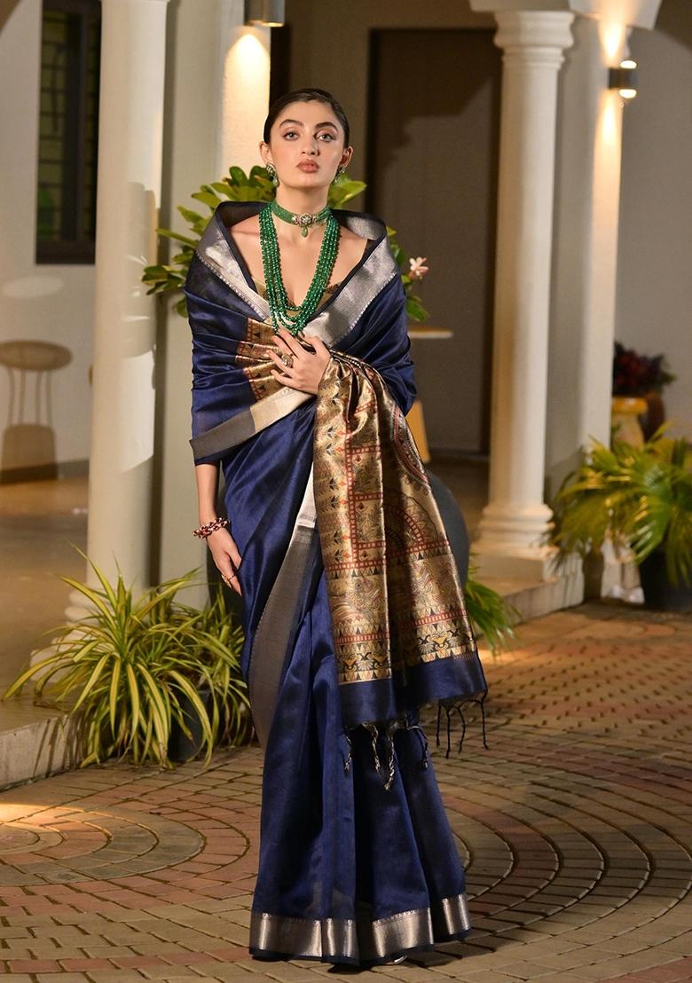 Navy Blue Printed Silk Saree Set - Indya