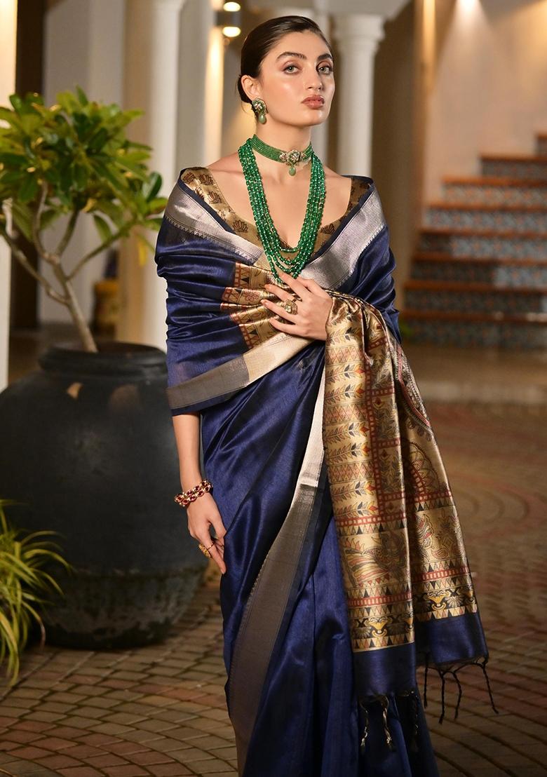 Navy Blue Printed Silk Saree Set - Indya