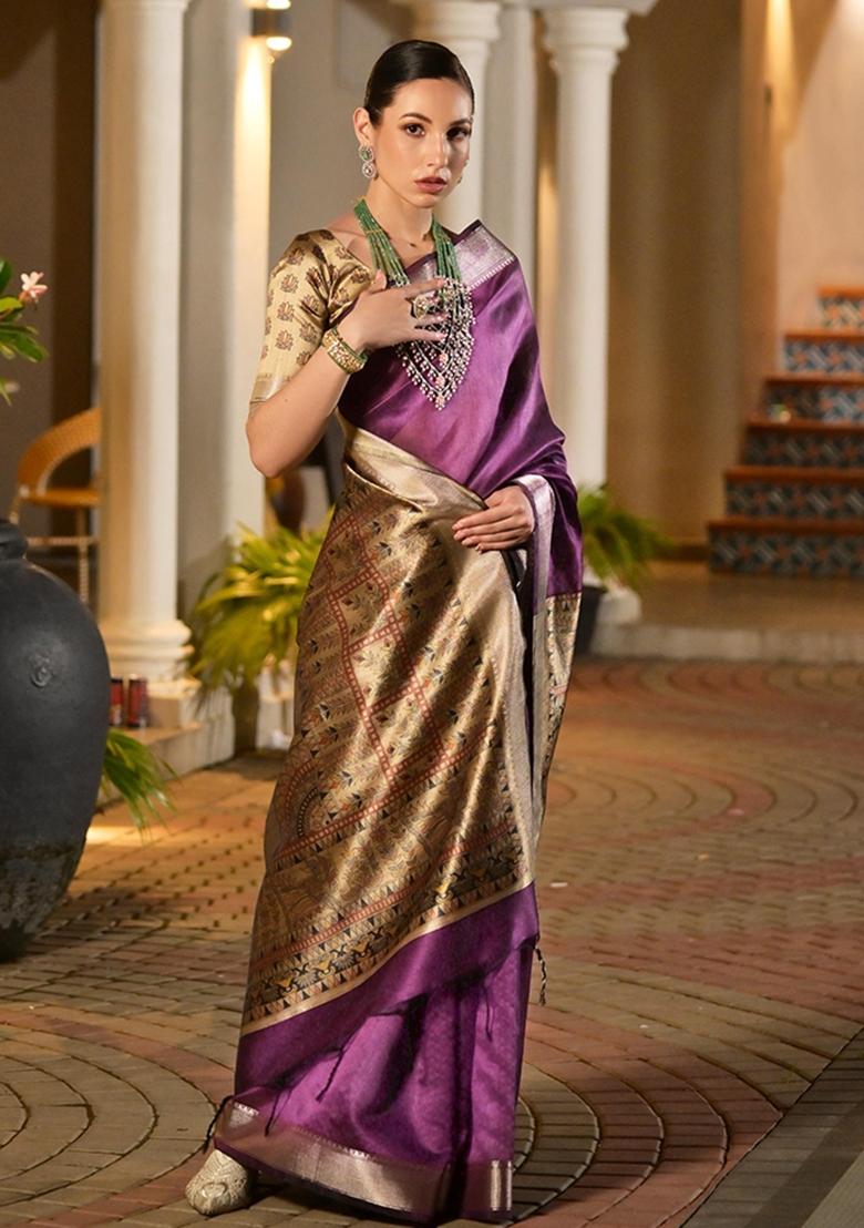 Purple Printed Silk Saree Set - Indya