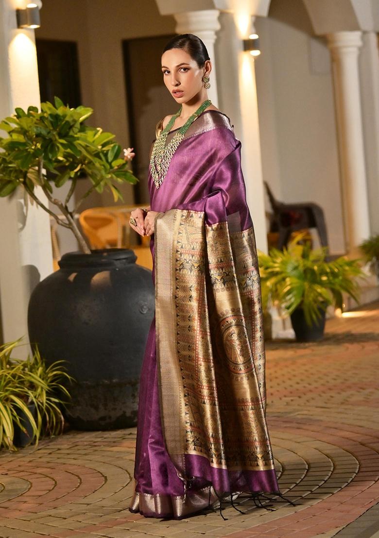 Purple Printed Silk Saree Set - Indya