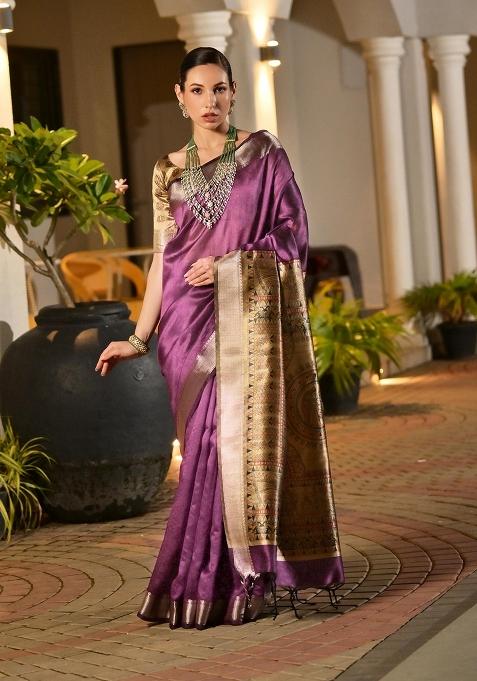 Purple Printed Silk Saree Set