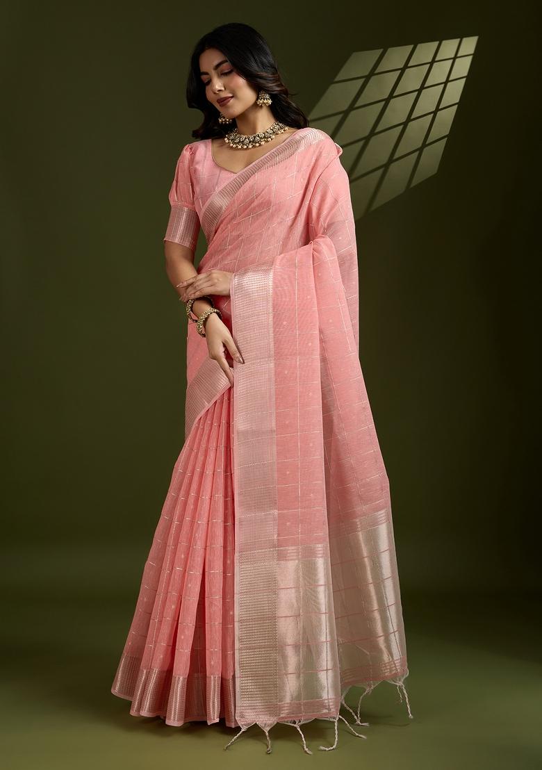 Peach Pink Motif Silk Saree Set - Indya