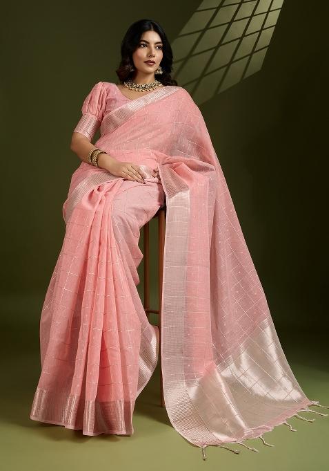 Peach Pink Motif Silk Saree Set