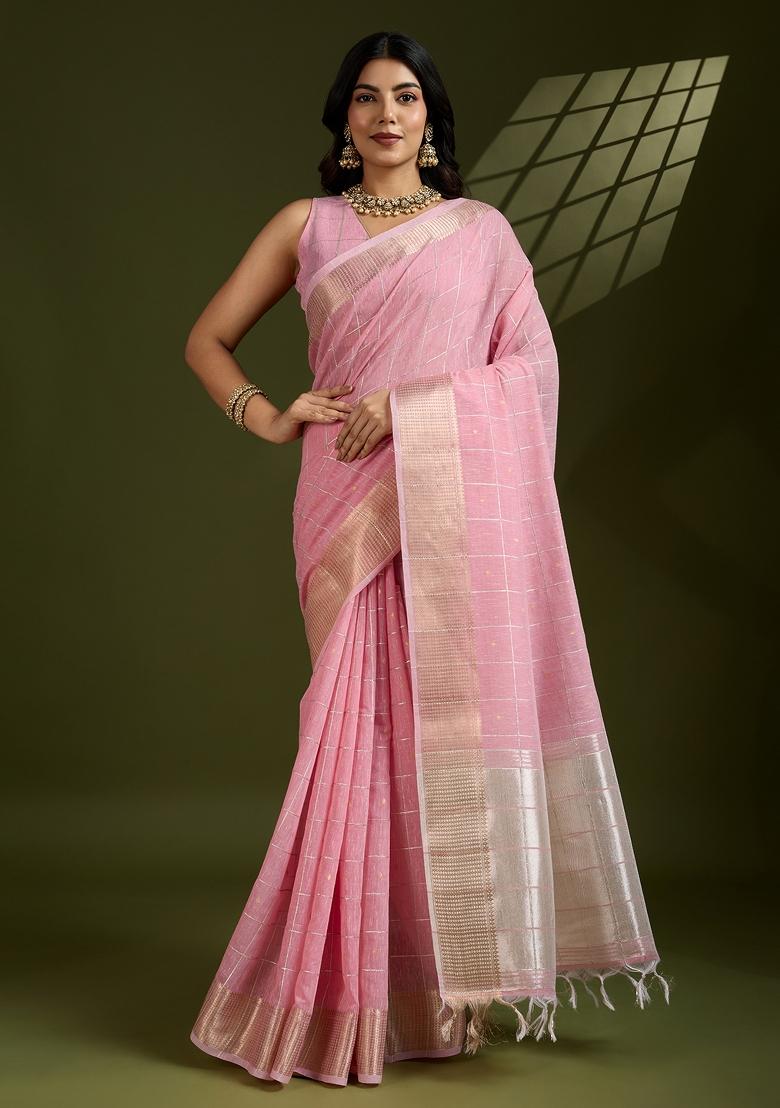 Pink Motif Silk Saree Set - Indya