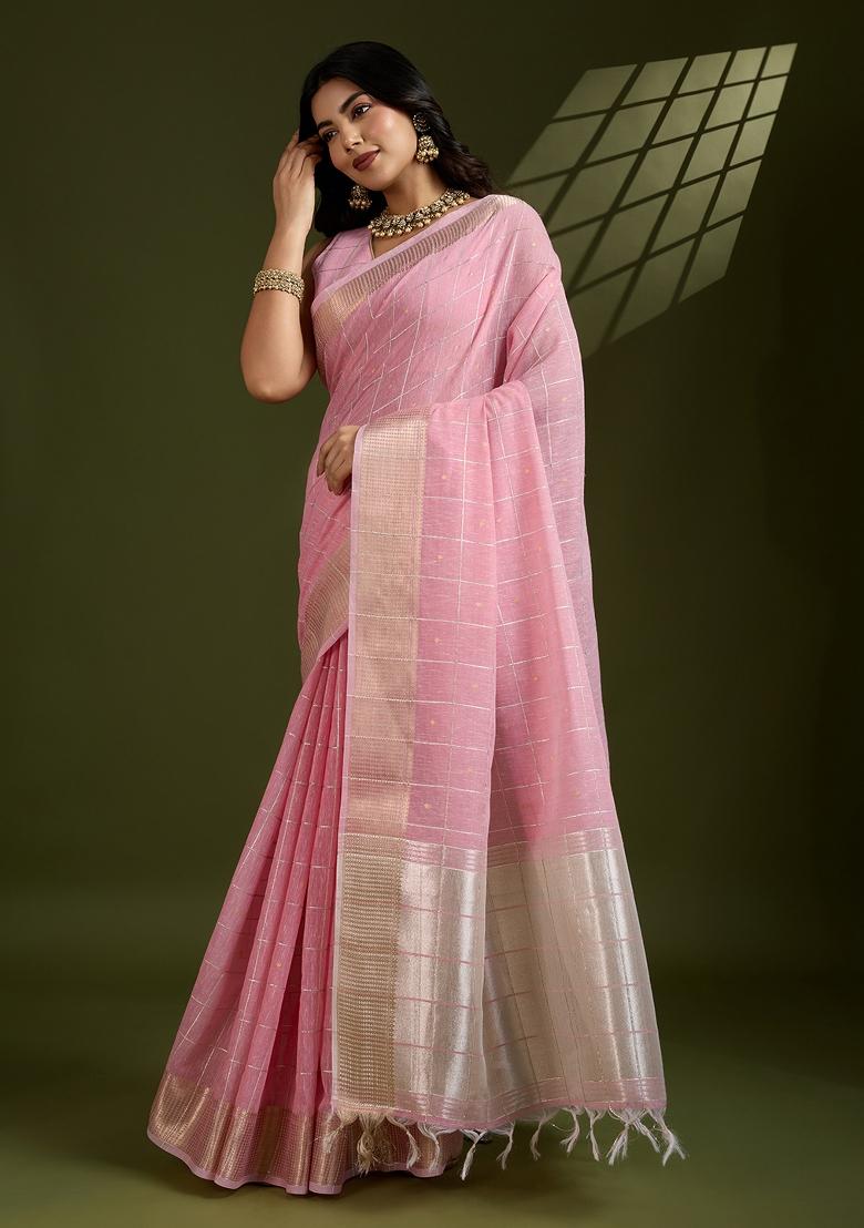 Pink Motif Silk Saree Set - Indya