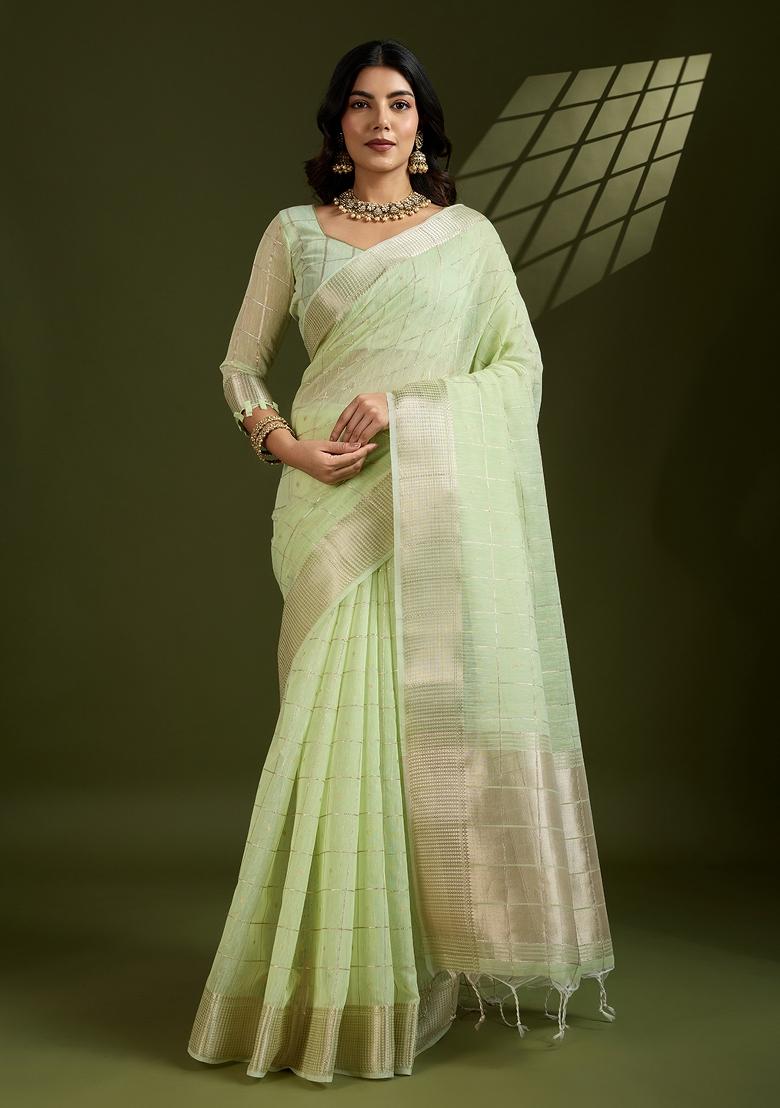 Pista Motif Silk Saree Set - Indya