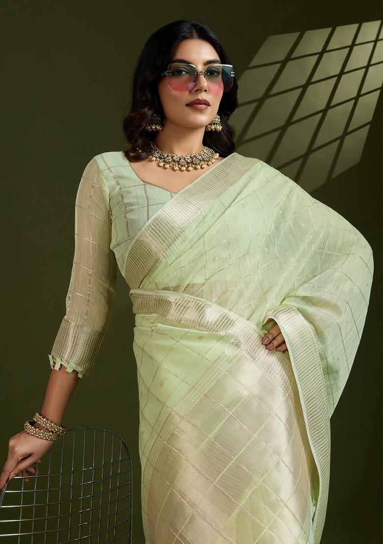 Pista Motif Silk Saree Set - Indya