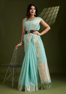 Sky Blue Motif Silk Saree Set