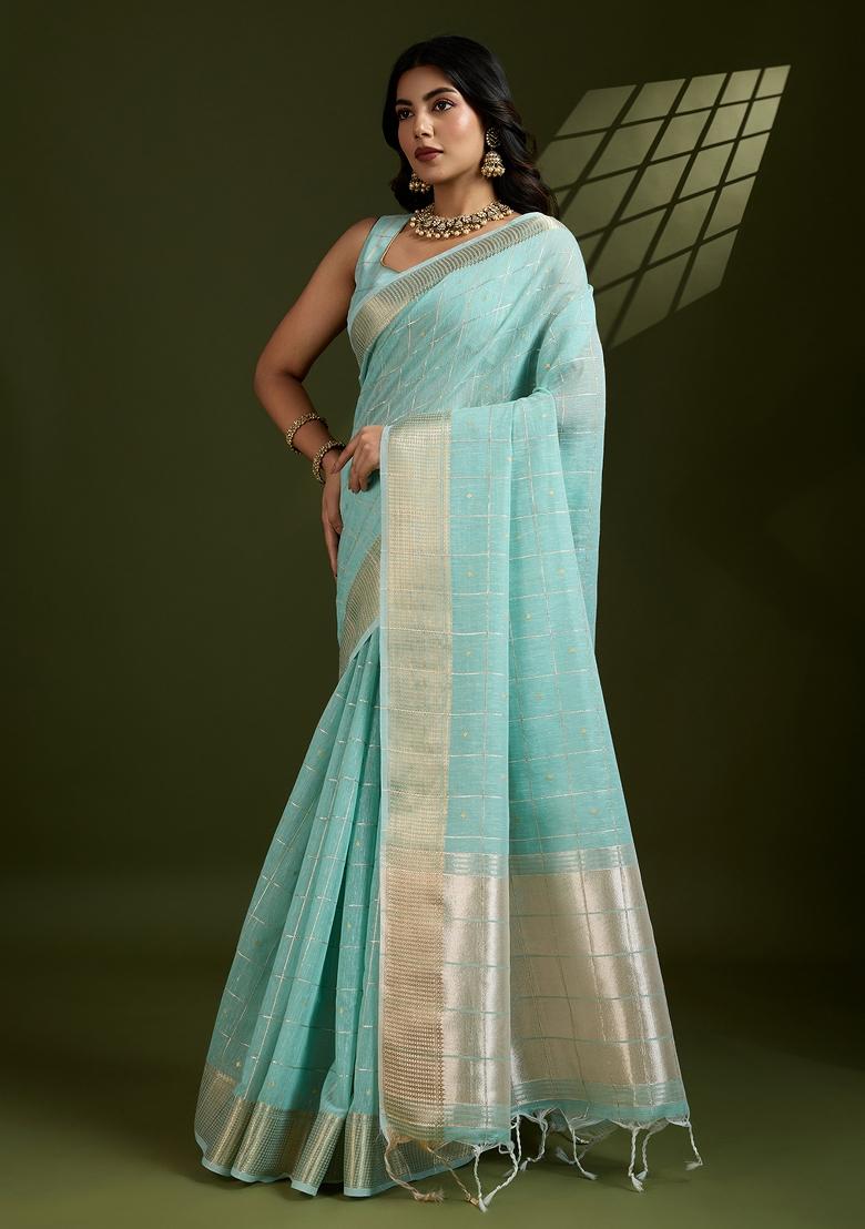 Sky Blue Motif Silk Saree Set - Indya
