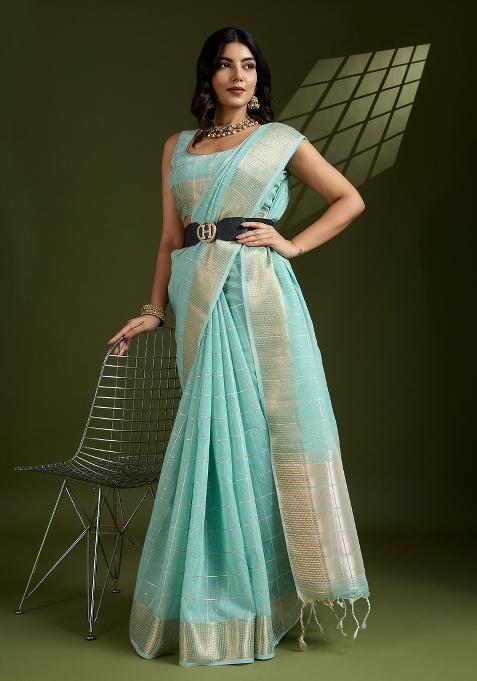 Sky Blue Motif Silk Saree Set