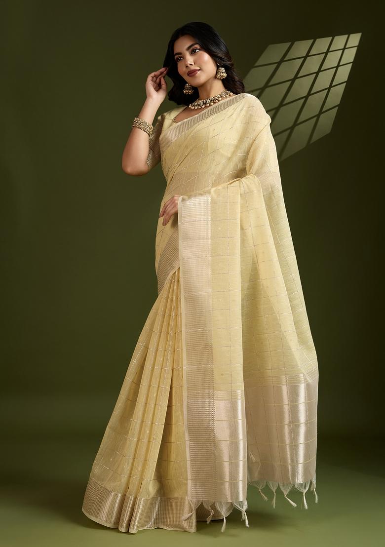 Yellow Motif Silk Saree Set - Indya