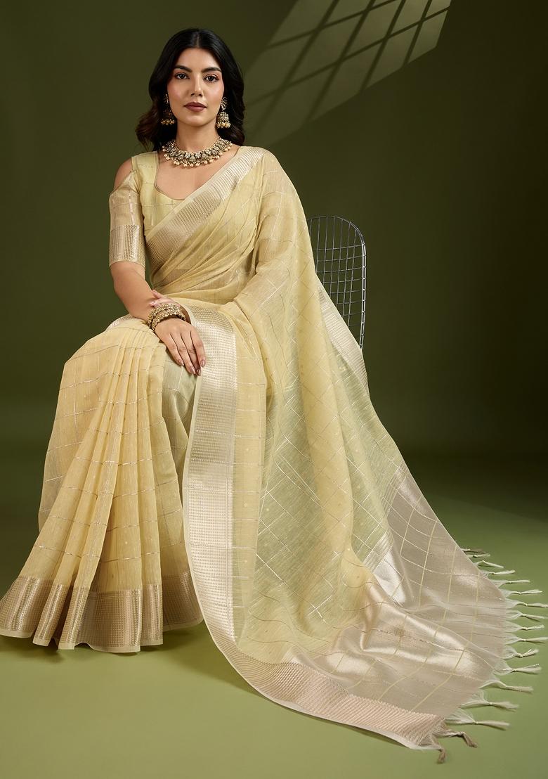 Yellow Motif Silk Saree Set - Indya