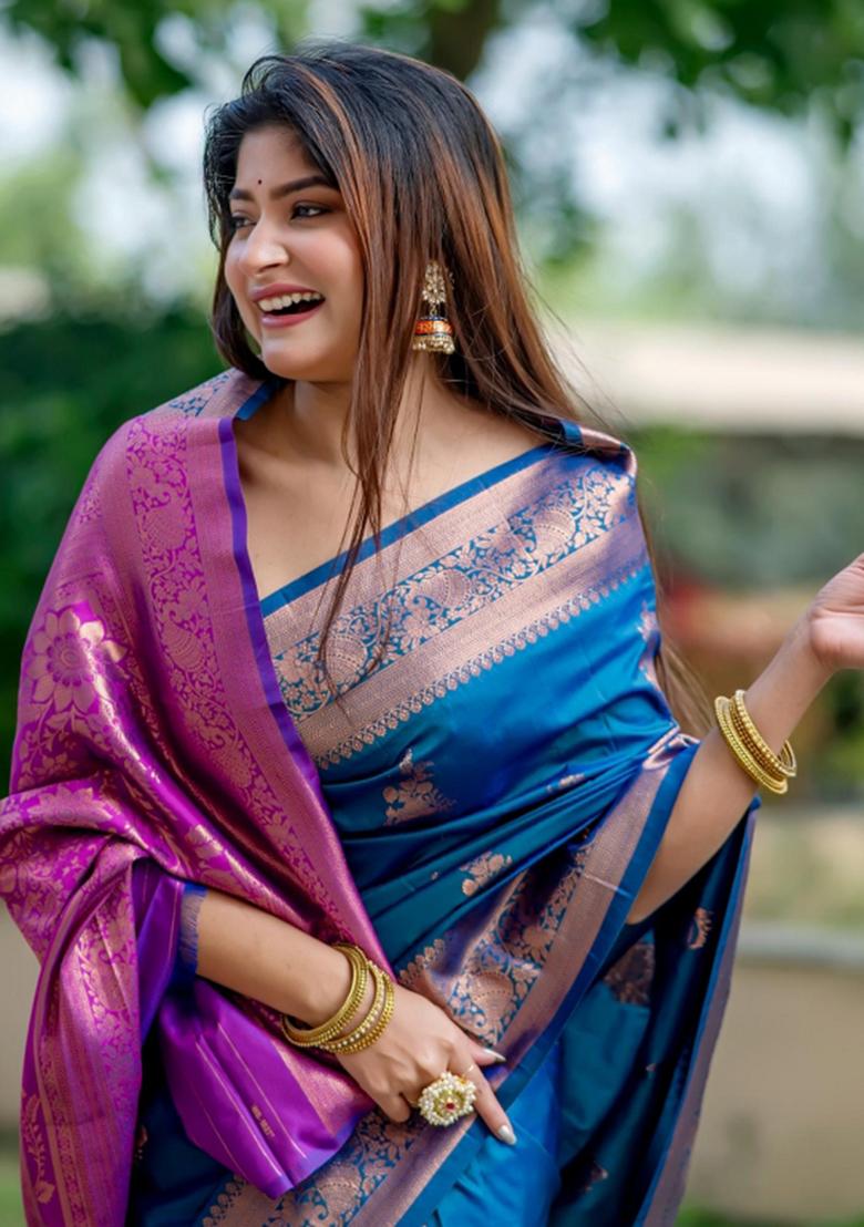 Blue And Purple Weaving Work Silk Saree Set - Indya