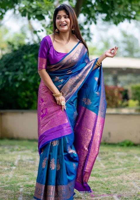 Blue And Purple Weaving Work Silk Saree Set