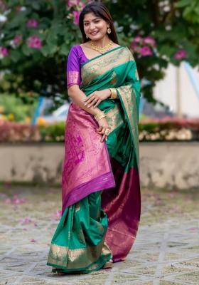 Green Purple Weaving Work Silk Saree Set