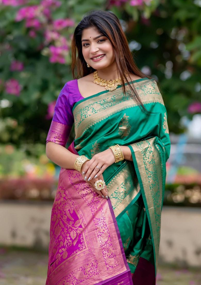 Green Purple Weaving Work Silk Saree Set - Indya